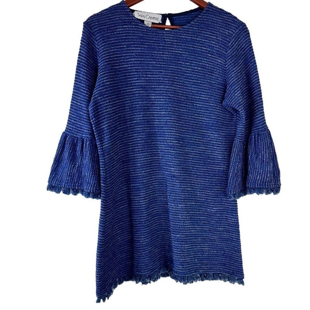 Sara Campbell Linen Blend Blue Knit Blouse‎ Tassel Bell Sleeves Womens Medium
